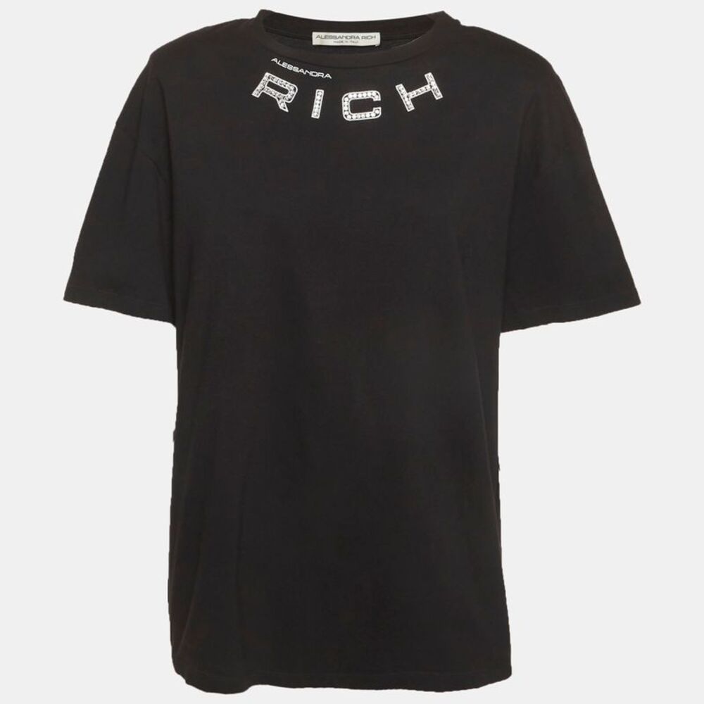 Alessandra Rich Black Cotton Logo Embellished Structured T-Shirt M